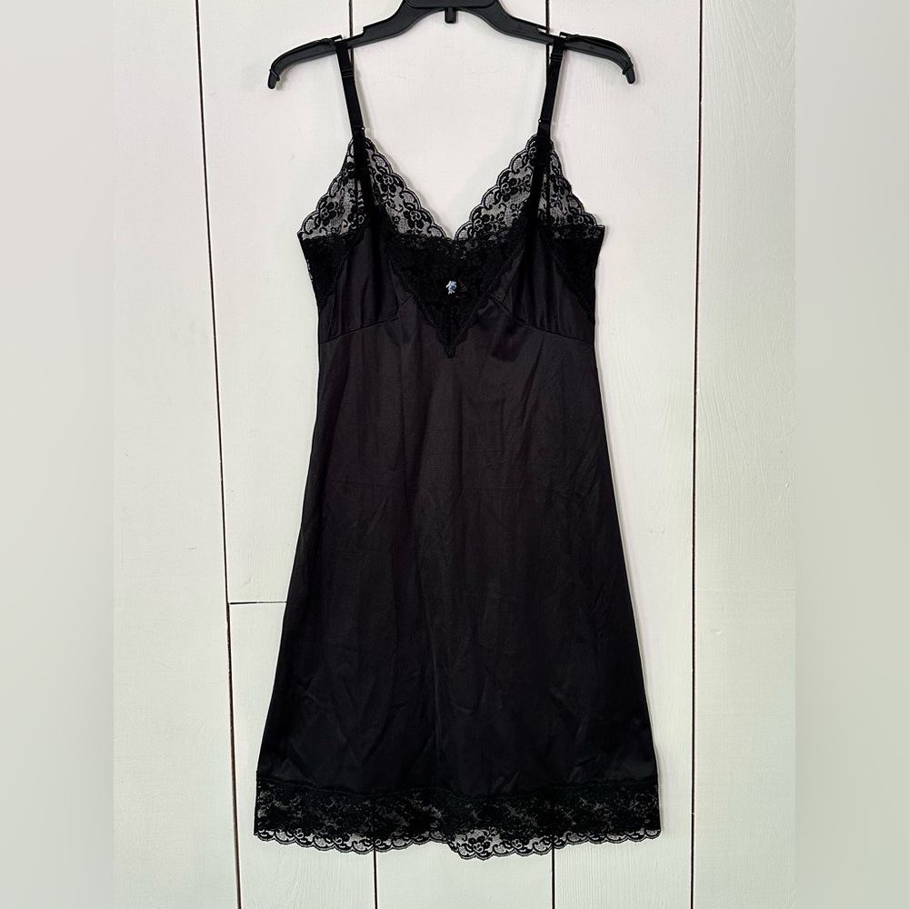 Vintage Y2K Black Lace Trim Satin Slip Dress Small